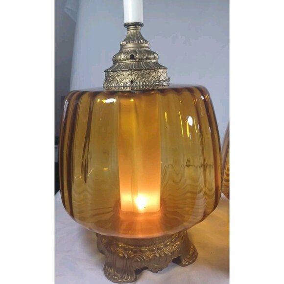 MUST BUY BOTH Vintage Mid Century Hollywood Regency Amber Glass Globe Table Lamp - Picture 15 of 16